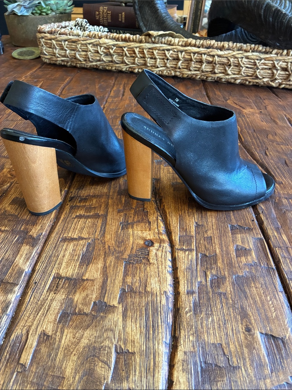 Audrey Brooke Black Leather Peep-Toe Slingback Heels with Wood Block Heel